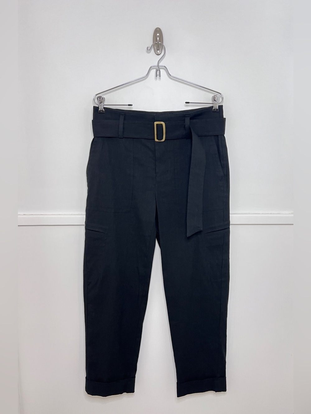 Vince Belted Linen Blend Black Cropped Cargo Pants